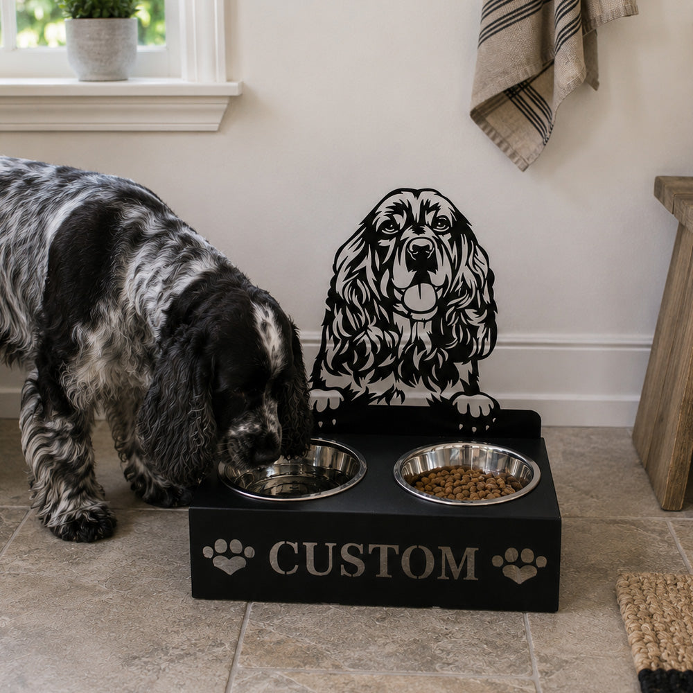 Personalized cocker spaniel metal dog bowl stand with custom name cutout and two removable feeding bowls