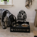 Personalized cocker spaniel metal dog bowl stand with custom name cutout and two removable feeding bowls
