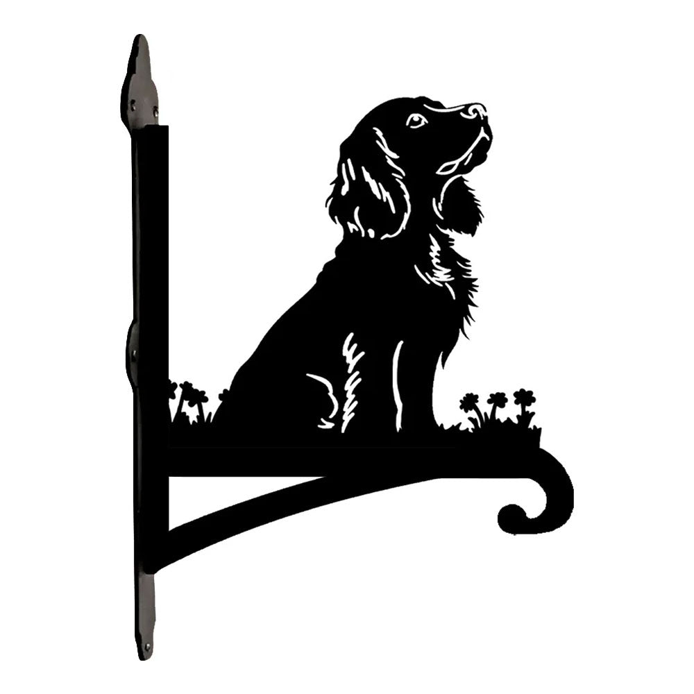 Cocker spaniel metal hanging basket bracket mounted on outdoor wall for plant decoration
