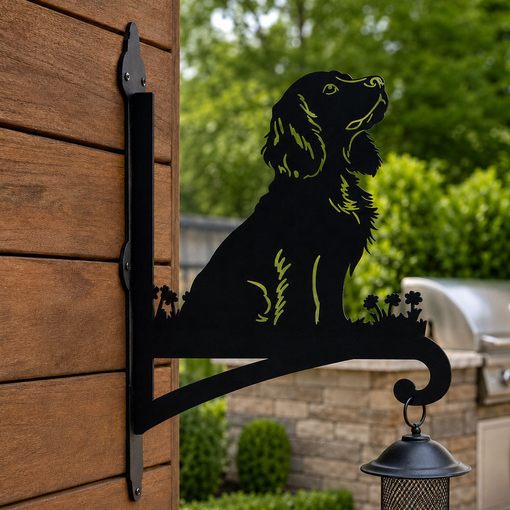 Cocker spaniel metal hanging basket bracket mounted on outdoor wall for plant decoration