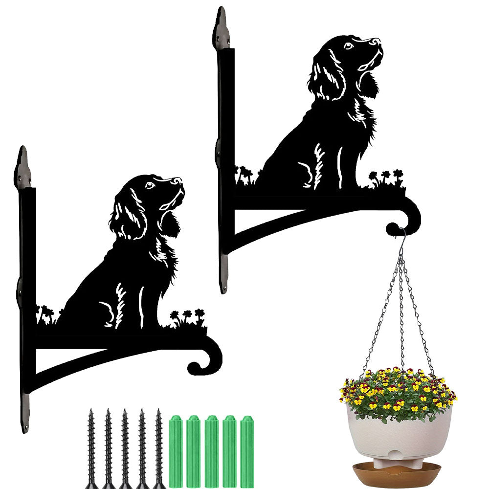 Cocker spaniel metal hanging basket bracket mounted on outdoor wall for plant decoration
