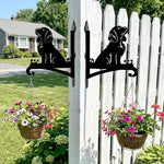 Cocker spaniel metal hanging basket bracket mounted on outdoor wall for plant decoration