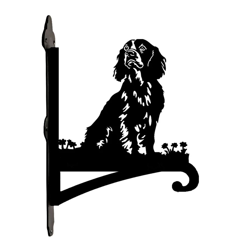 Cocker spaniel metal hanging basket bracket mounted on outdoor wall for plant decoration