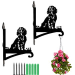 Cocker spaniel metal hanging basket bracket mounted on outdoor wall for plant decoration
