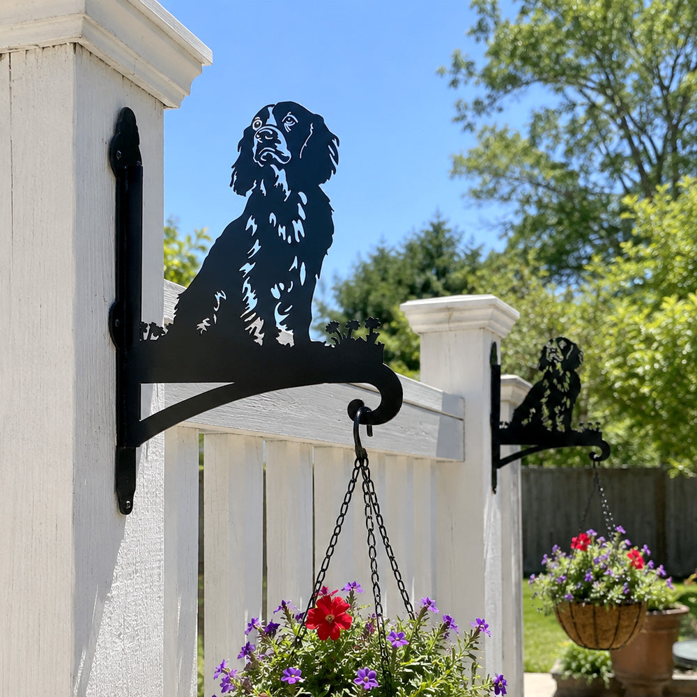 Cocker spaniel metal hanging basket bracket mounted on outdoor wall for plant decoration