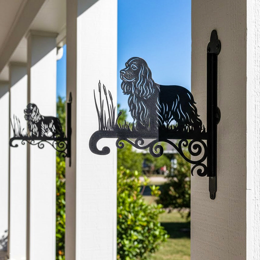 Cocker spaniel metal hanging basket bracket mounted on outdoor wall for plant decoration