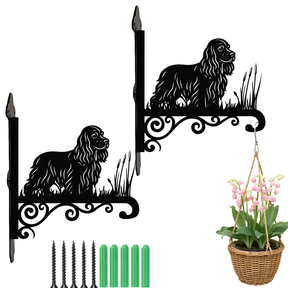 Cocker spaniel metal hanging basket bracket mounted on outdoor wall for plant decoration