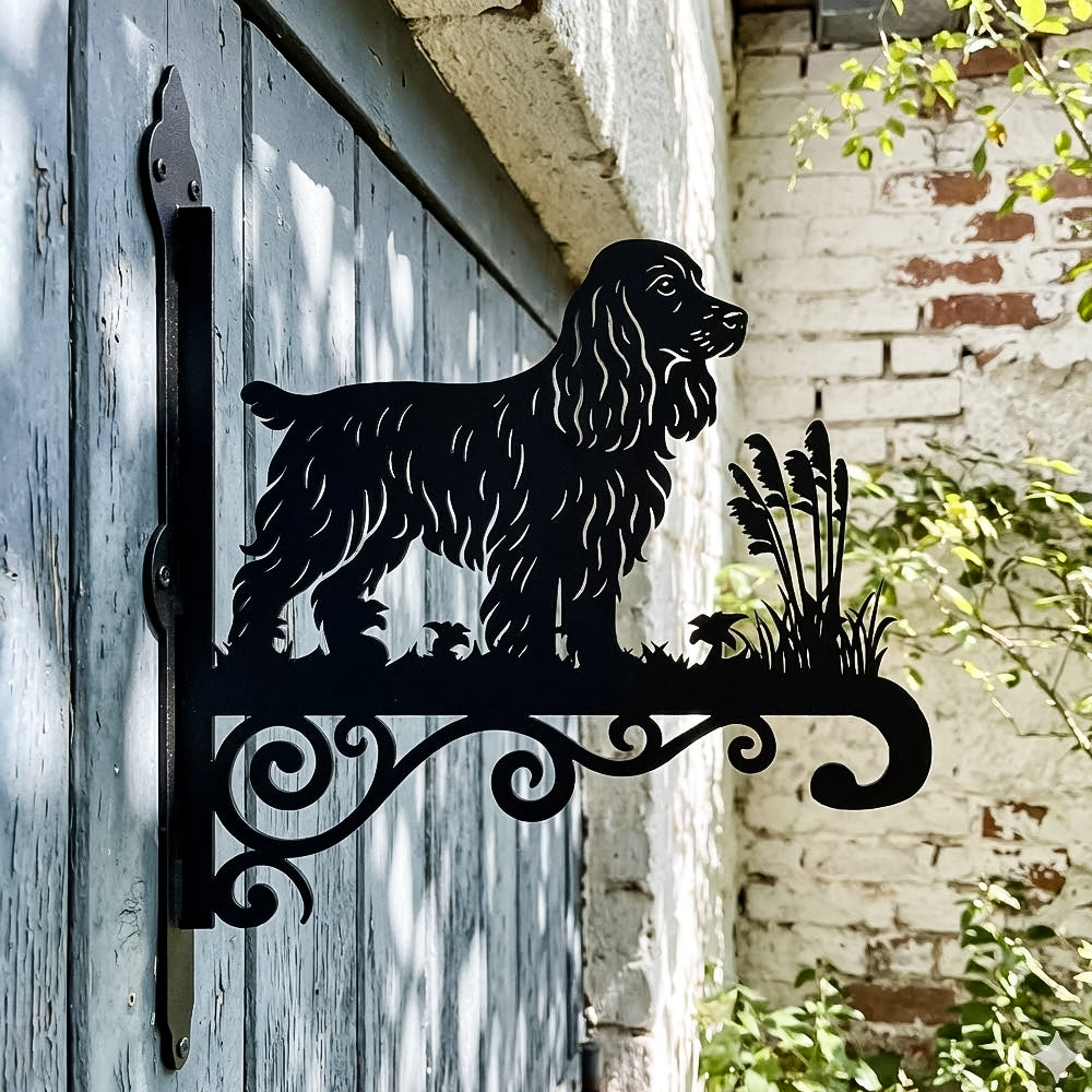 Cocker spaniel metal hanging basket bracket mounted on outdoor wall for plant decoration