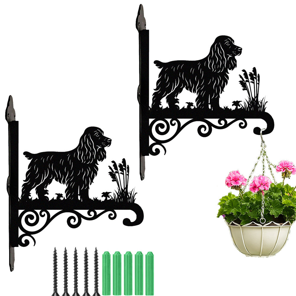 Cocker spaniel metal hanging basket bracket mounted on outdoor wall for plant decoration