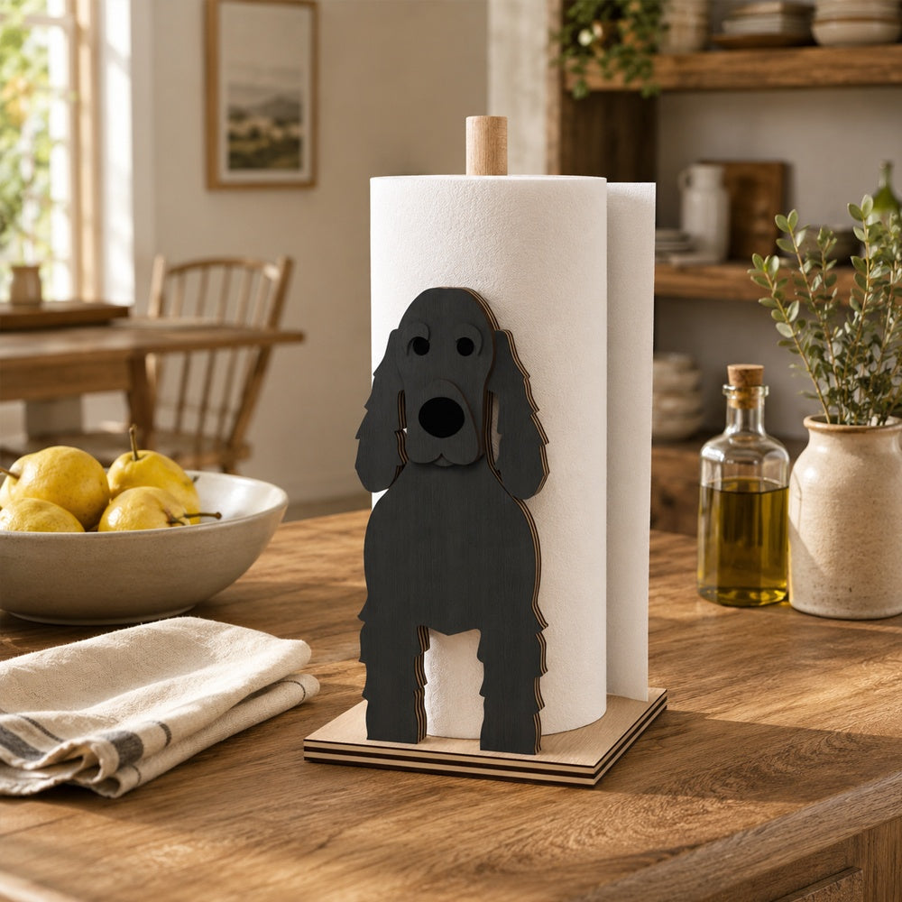 Cocker Spaniel Wooden Dog Paper Towel Holder displayed on a kitchen countertop with a freestanding paper towel roll