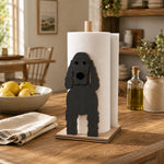Cocker Spaniel Wooden Dog Paper Towel Holder displayed on a kitchen countertop with a freestanding paper towel roll