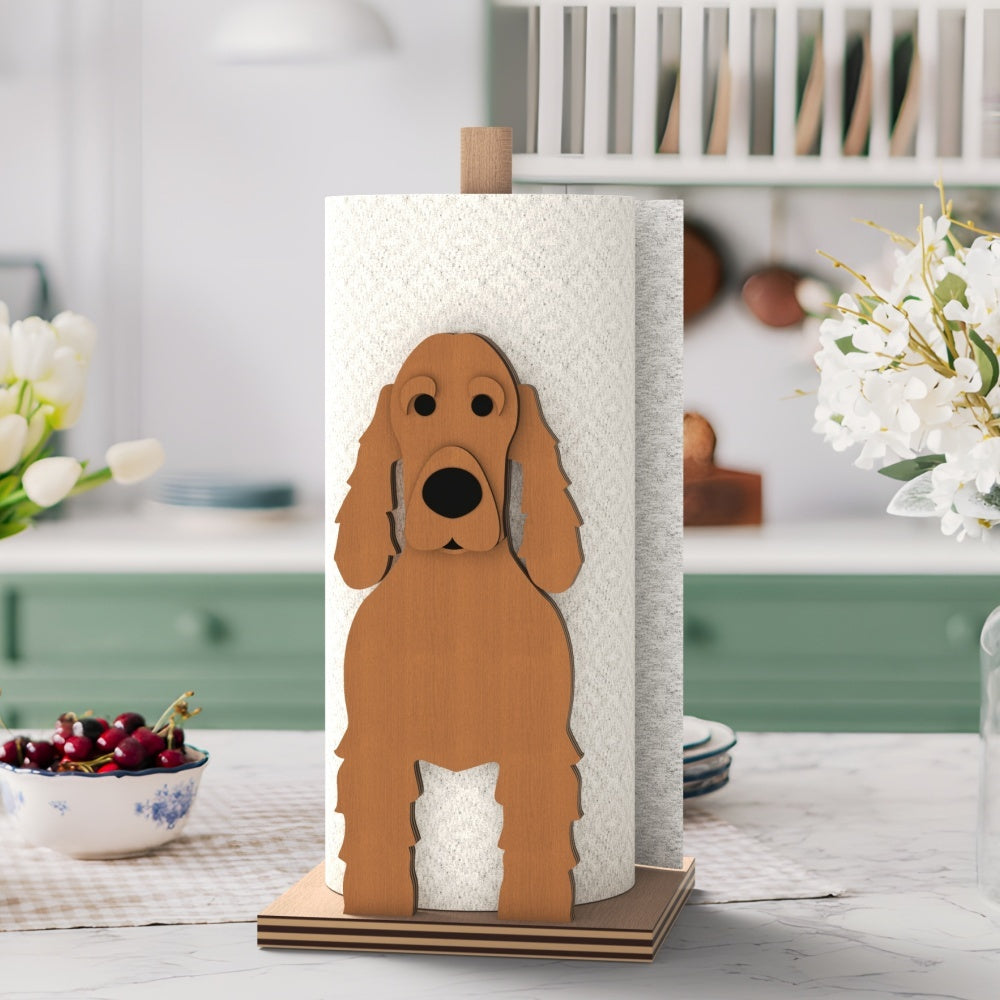 Cocker Spaniel Wooden Dog Paper Towel Holder displayed on a kitchen countertop with a freestanding paper towel roll