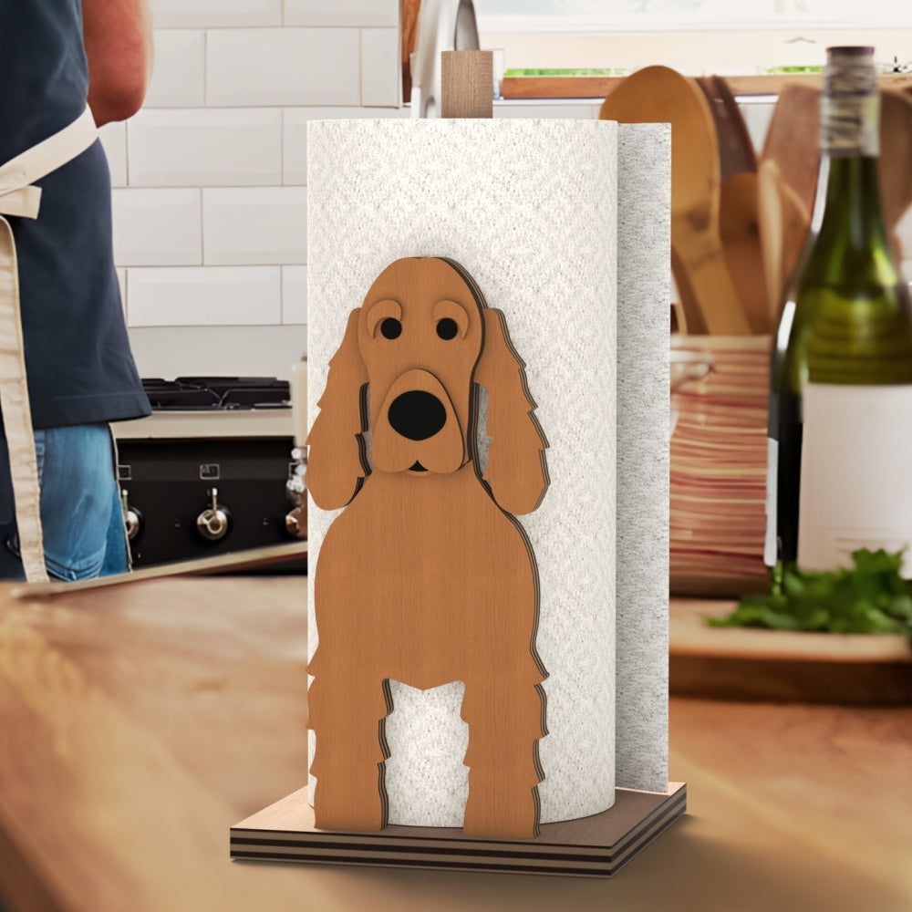 Cocker Spaniel Wooden Dog Paper Towel Holder displayed on a kitchen countertop with a freestanding paper towel roll