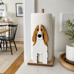 Cocker Spaniel Wooden Dog Paper Towel Holder displayed on a kitchen countertop with a freestanding paper towel roll
