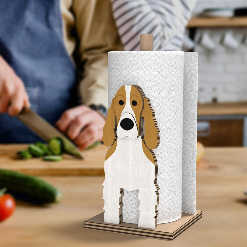 Cocker Spaniel Wooden Dog Paper Towel Holder displayed on a kitchen countertop with a freestanding paper towel roll