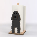 Cocker Spaniel Wooden Dog Paper Towel Holder displayed on a kitchen countertop with a freestanding paper towel roll