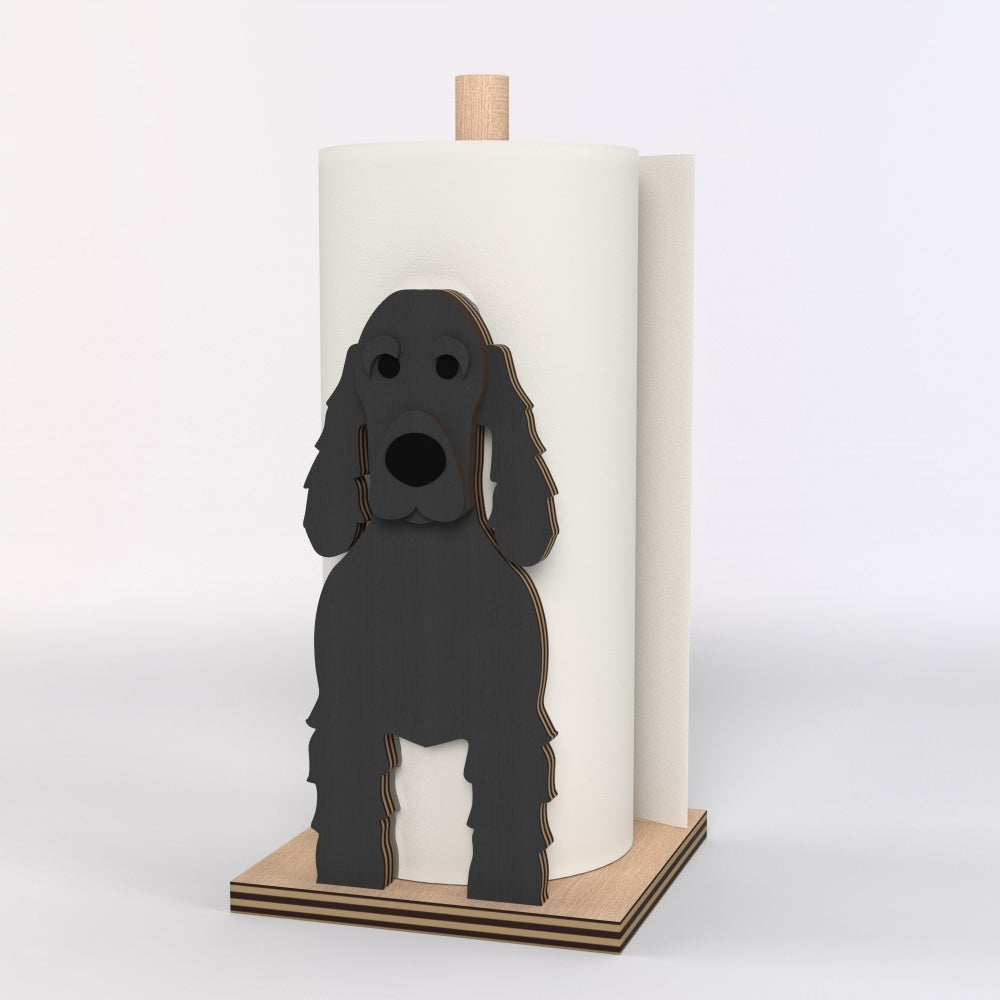 Cocker Spaniel Wooden Dog Paper Towel Holder displayed on a kitchen countertop with a freestanding paper towel roll