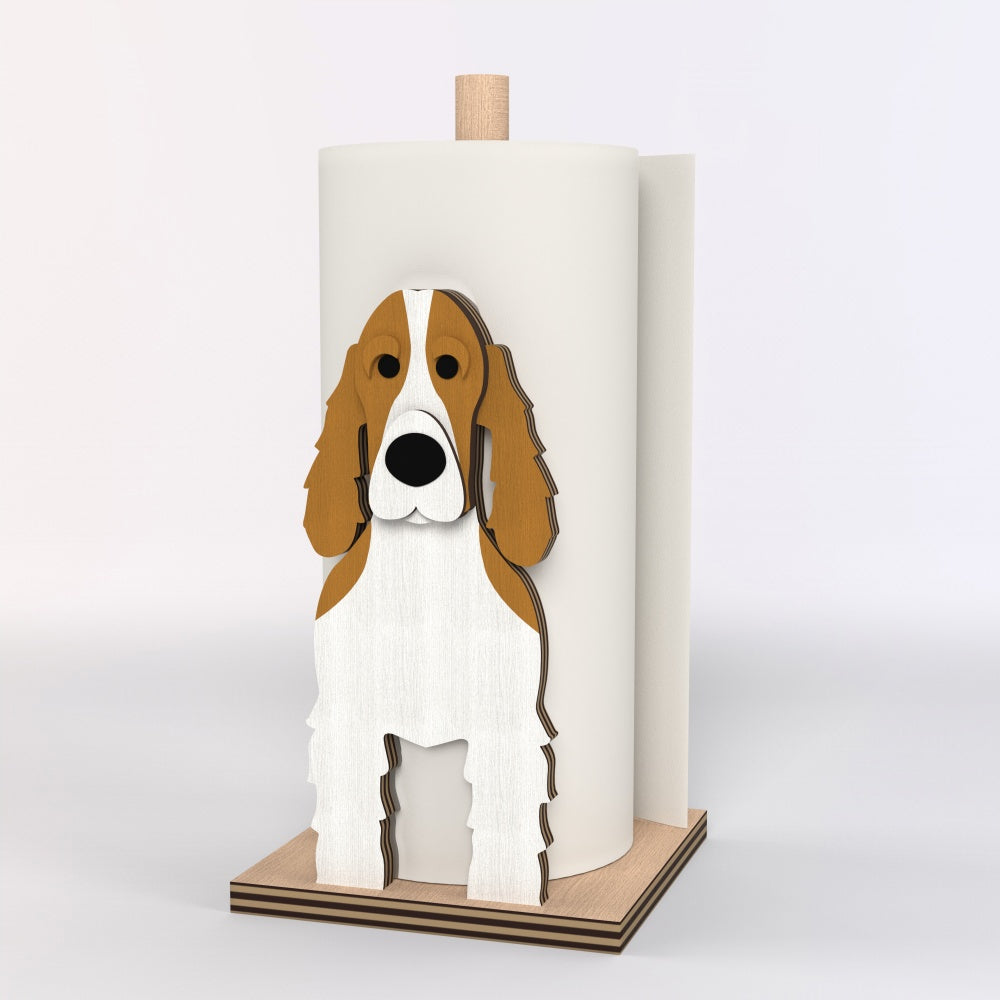 Cocker Spaniel Wooden Dog Paper Towel Holder displayed on a kitchen countertop with a freestanding paper towel roll