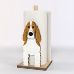 Cocker Spaniel Wooden Dog Paper Towel Holder displayed on a kitchen countertop with a freestanding paper towel roll