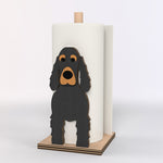 Cocker Spaniel Wooden Dog Paper Towel Holder displayed on a kitchen countertop with a freestanding paper towel roll