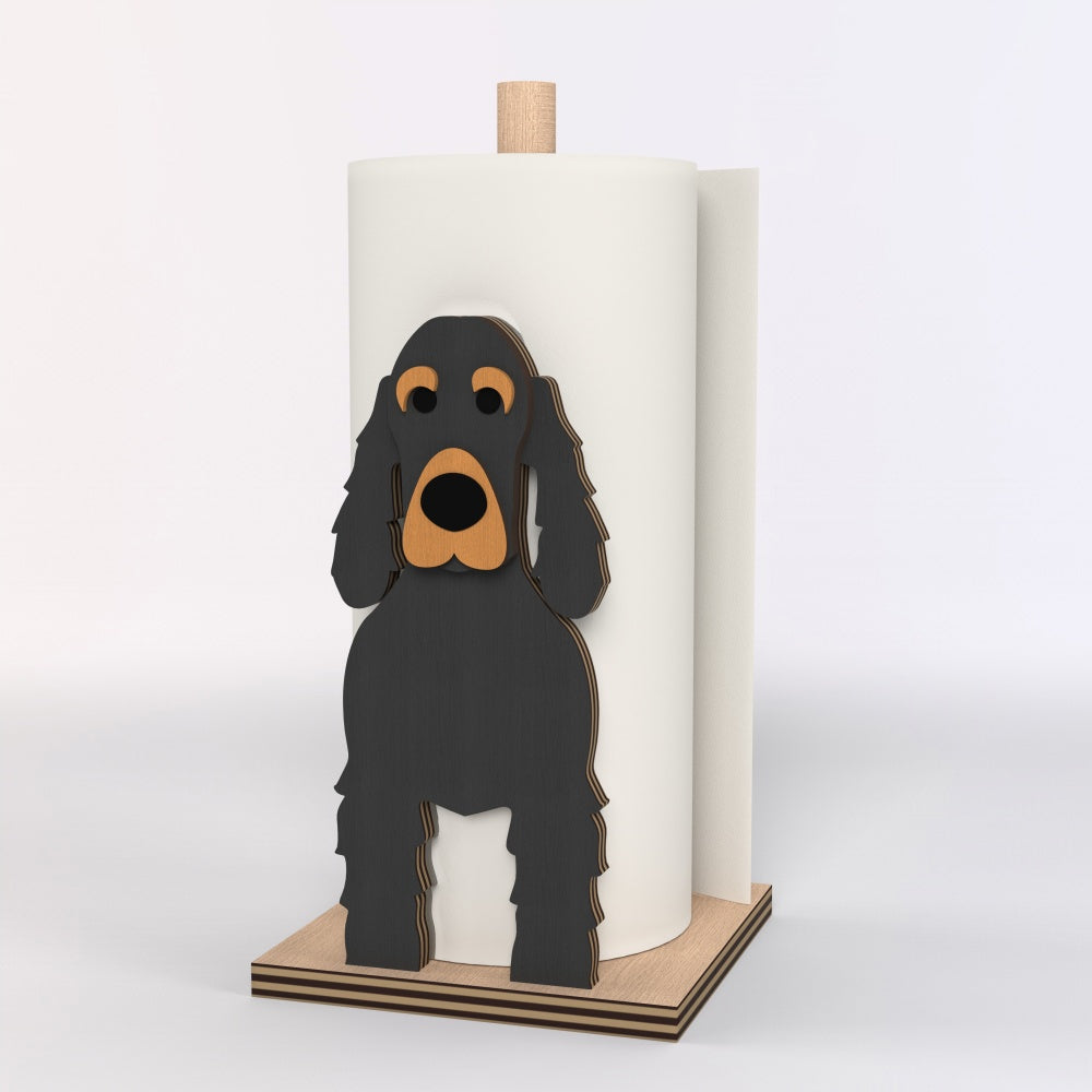 Cocker Spaniel Wooden Dog Paper Towel Holder displayed on a kitchen countertop with a freestanding paper towel roll