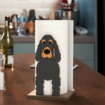 Cocker Spaniel Wooden Dog Paper Towel Holder displayed on a kitchen countertop with a freestanding paper towel roll