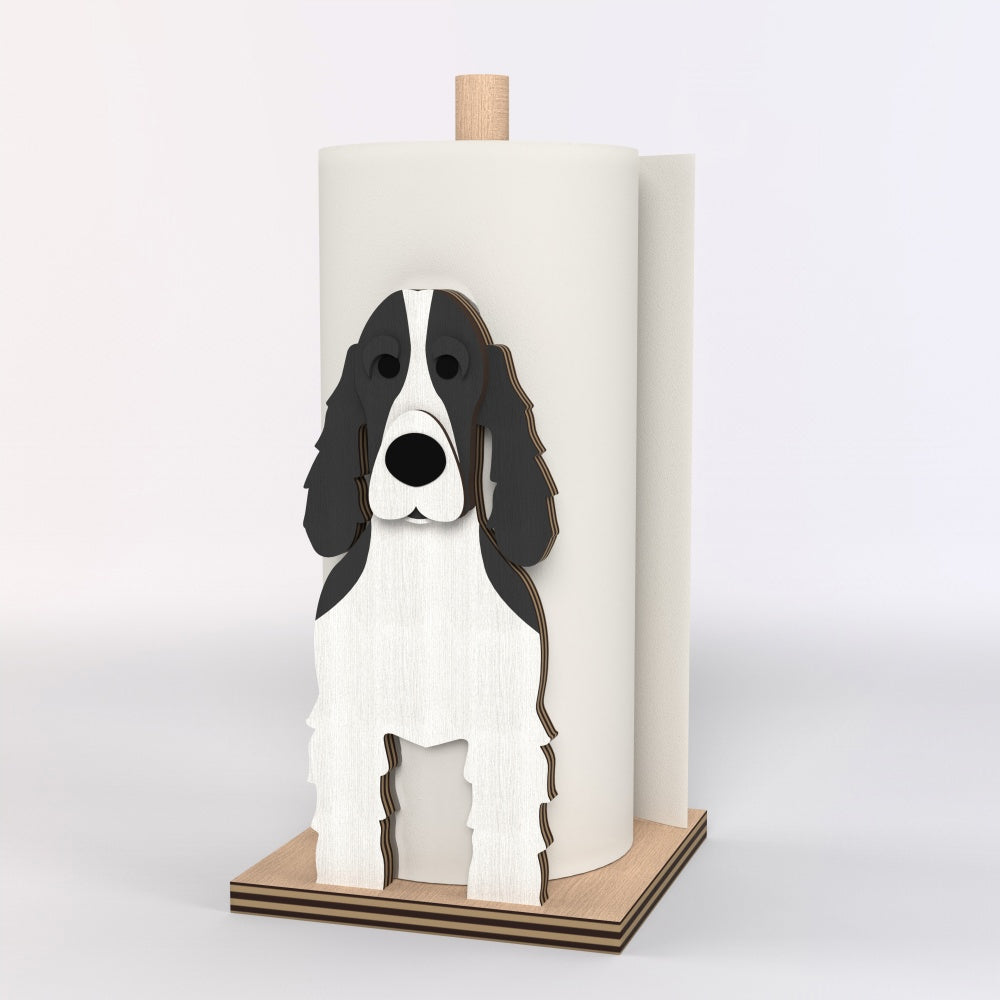 Cocker Spaniel Wooden Dog Paper Towel Holder displayed on a kitchen countertop with a freestanding paper towel roll