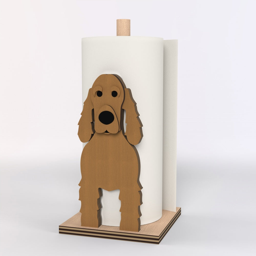 Cocker Spaniel Wooden Dog Paper Towel Holder displayed on a kitchen countertop with a freestanding paper towel roll