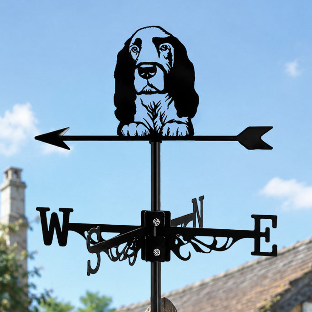 Cocker Spaniel metal weather vane with directional arrows and mounting rod, outdoor roof and garden decoration