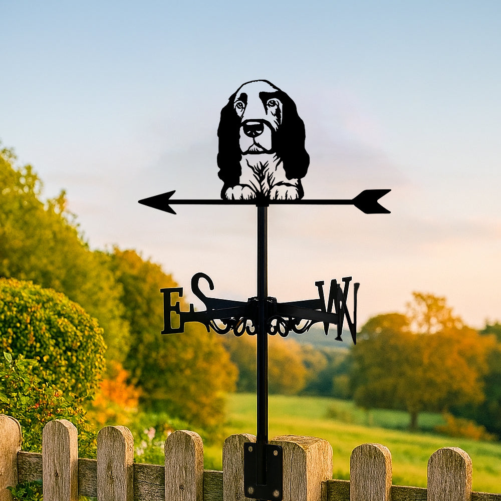 Cocker Spaniel metal weather vane with directional arrows and mounting rod, outdoor roof and garden decoration