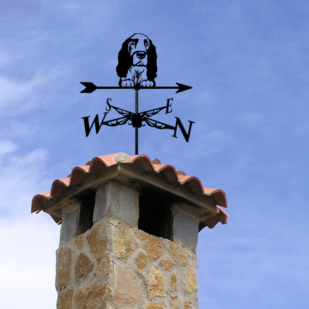 Cocker Spaniel metal weather vane with directional arrows and mounting rod, outdoor roof and garden decoration