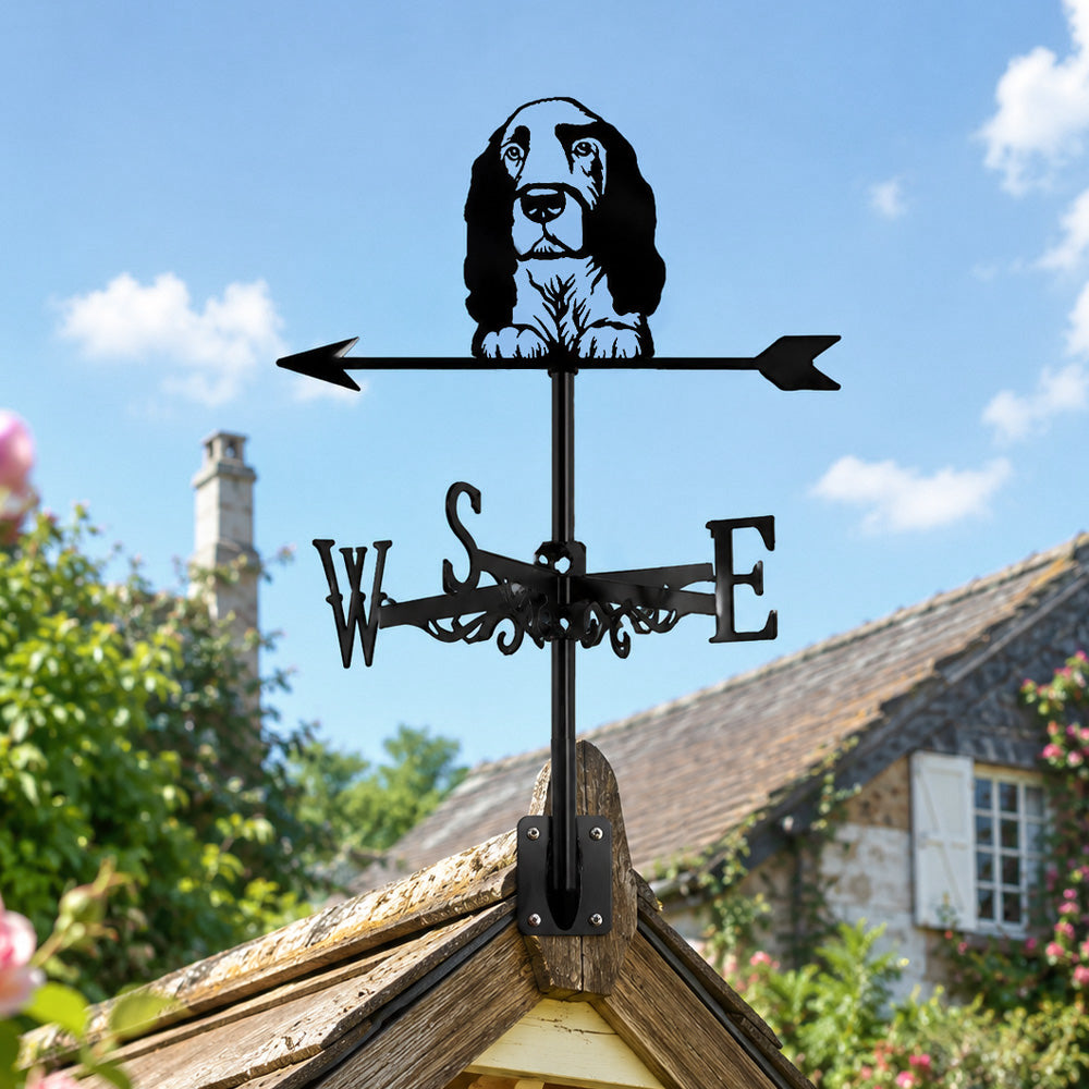 Cocker Spaniel metal weather vane with directional arrows and mounting rod, outdoor roof and garden decoration