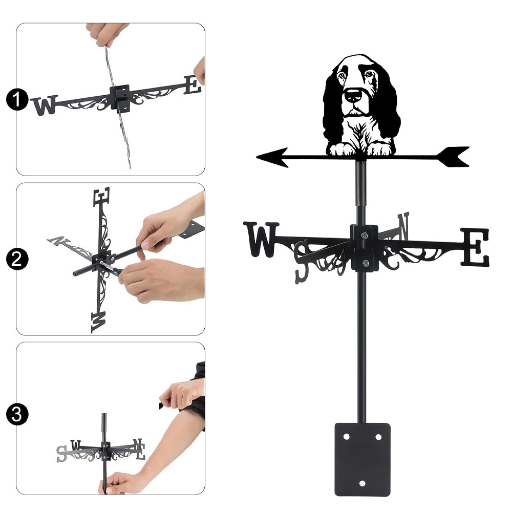 Cocker Spaniel metal weather vane with directional arrows and mounting rod, outdoor roof and garden decoration