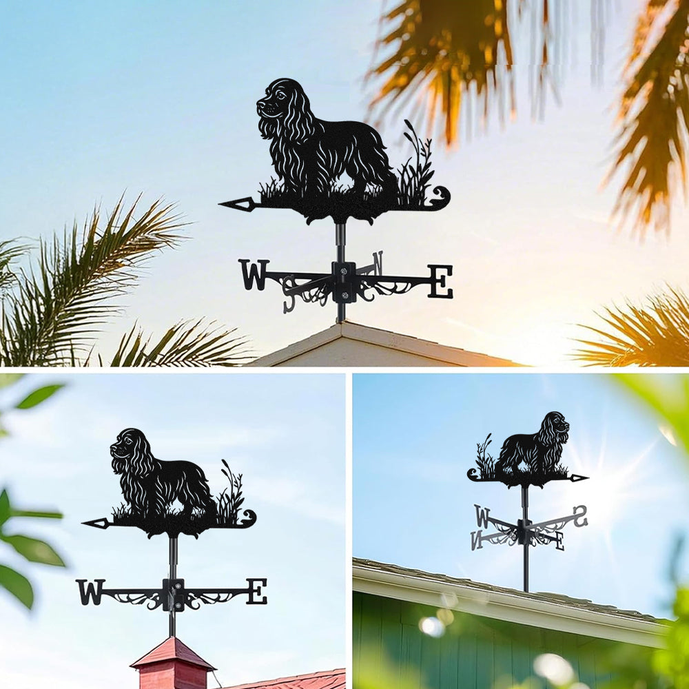 Cocker Spaniel metal weather vane with directional arrows and mounting rod, outdoor roof and garden decoration