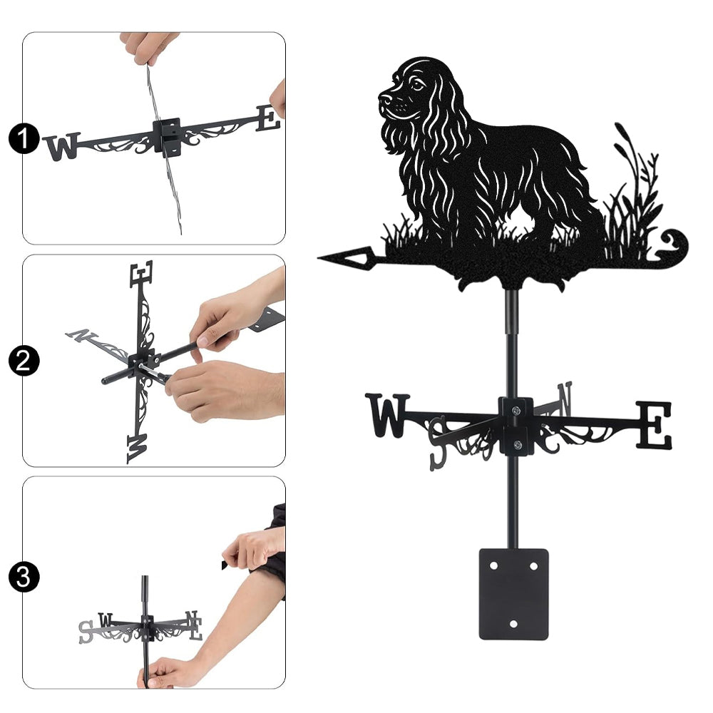Cocker Spaniel metal weather vane with directional arrows and mounting rod, outdoor roof and garden decoration