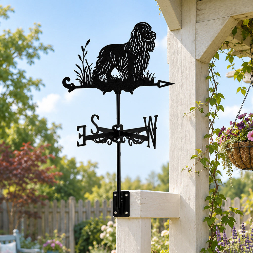Cocker Spaniel metal weather vane with directional arrows and mounting rod, outdoor roof and garden decoration