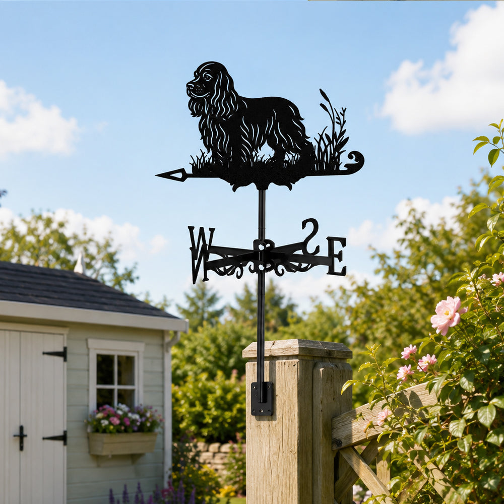 Cocker Spaniel metal weather vane with directional arrows and mounting rod, outdoor roof and garden decoration