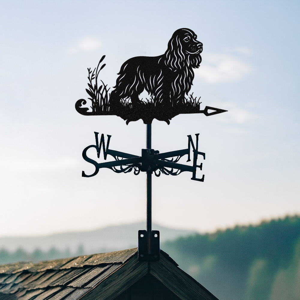 Cocker Spaniel metal weather vane with directional arrows and mounting rod, outdoor roof and garden decoration