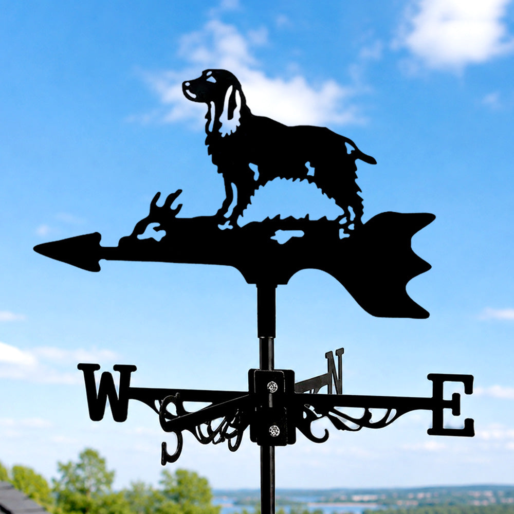 Cocker Spaniel metal weather vane with directional arrows and mounting rod, outdoor roof and garden decoration