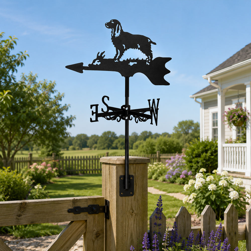 Cocker Spaniel metal weather vane with directional arrows and mounting rod, outdoor roof and garden decoration