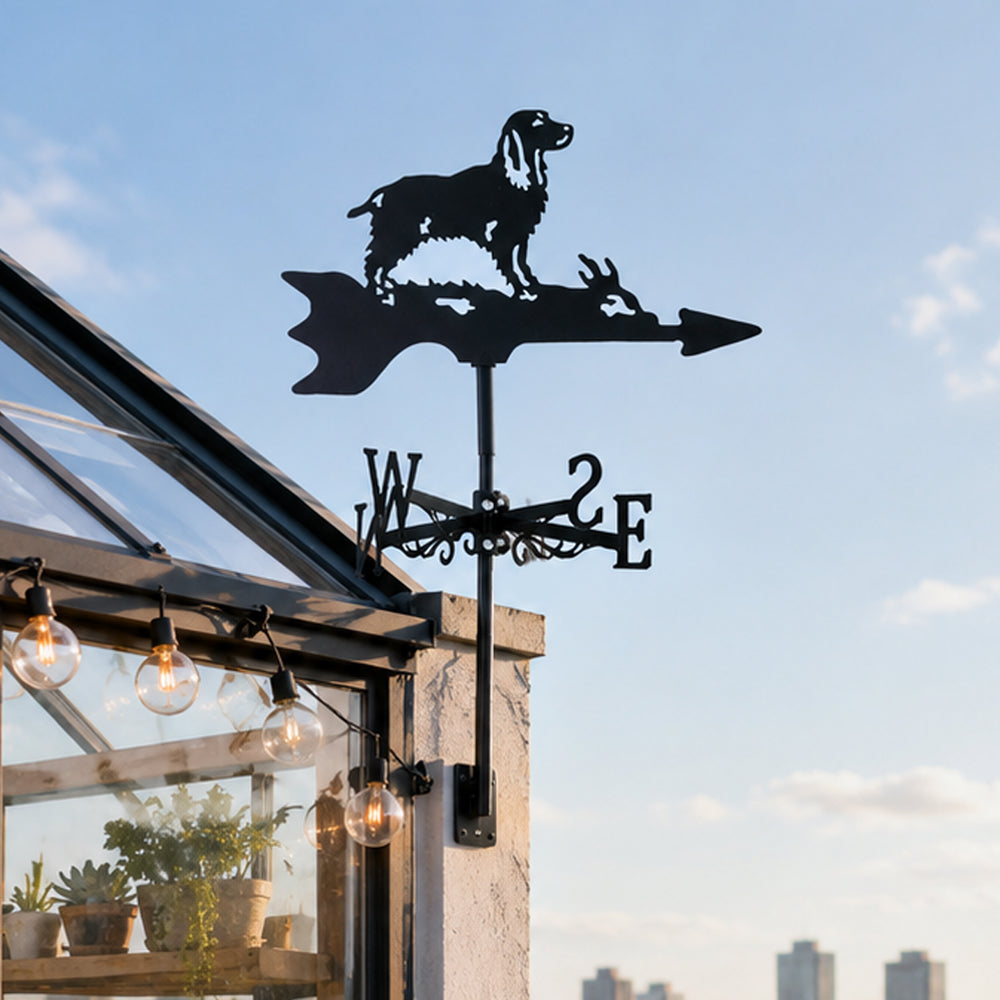 Cocker Spaniel metal weather vane with directional arrows and mounting rod, outdoor roof and garden decoration
