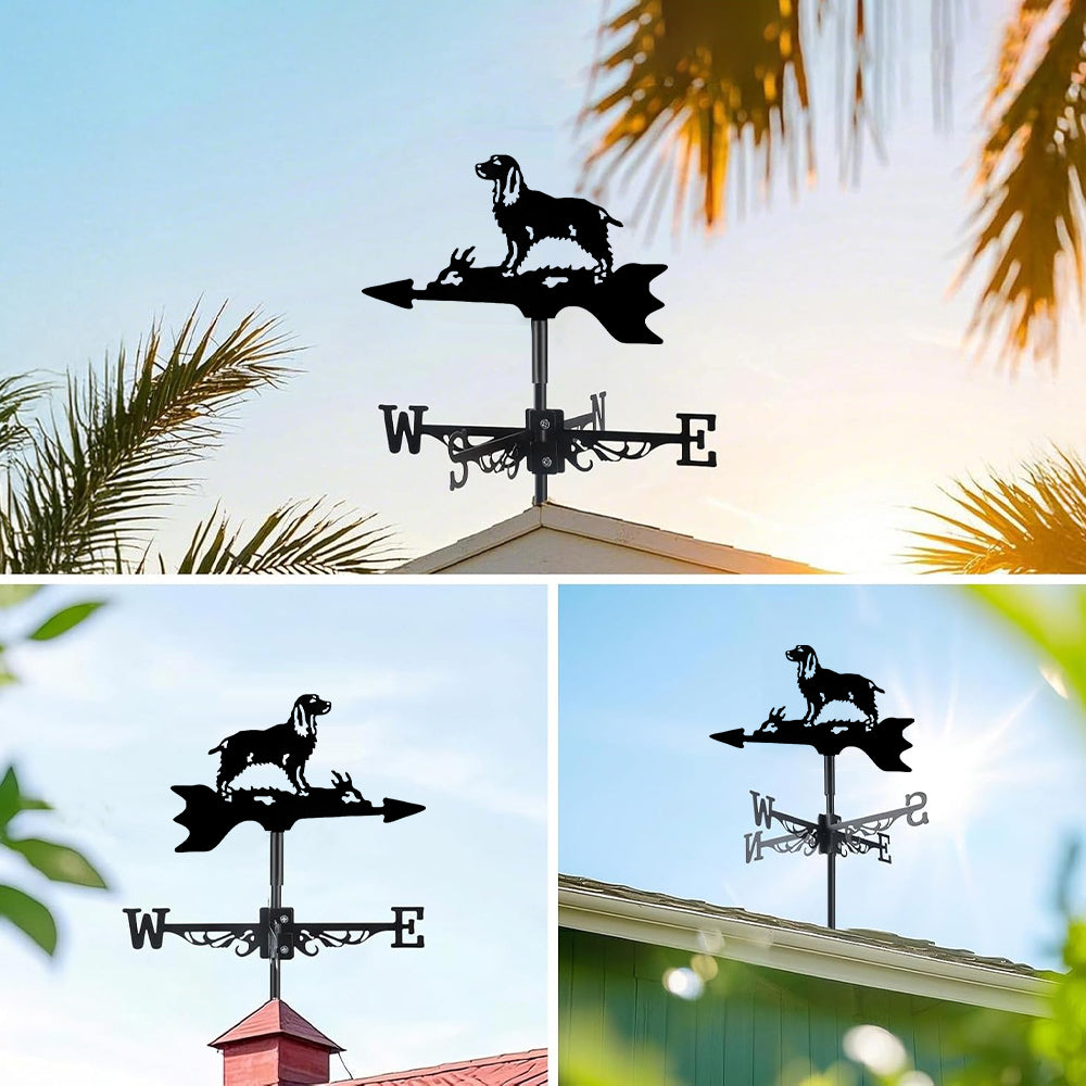 Cocker Spaniel metal weather vane with directional arrows and mounting rod, outdoor roof and garden decoration