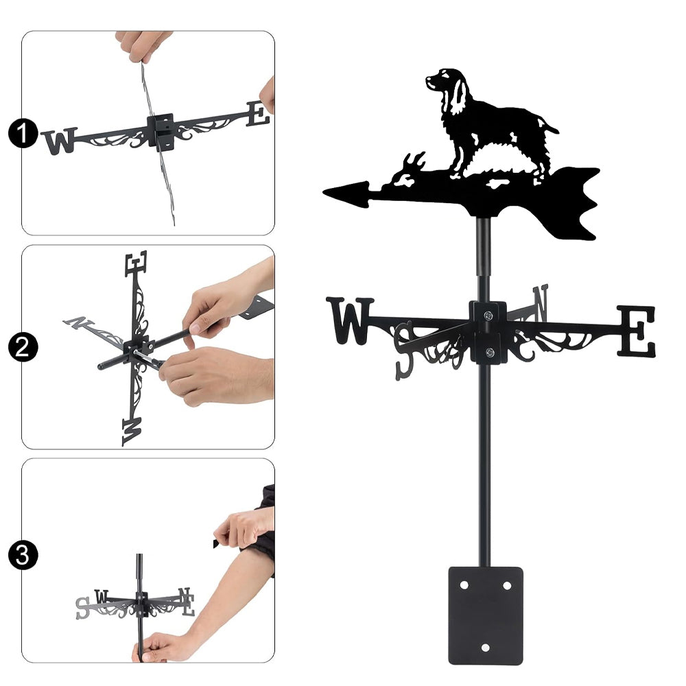 Cocker Spaniel metal weather vane with directional arrows and mounting rod, outdoor roof and garden decoration