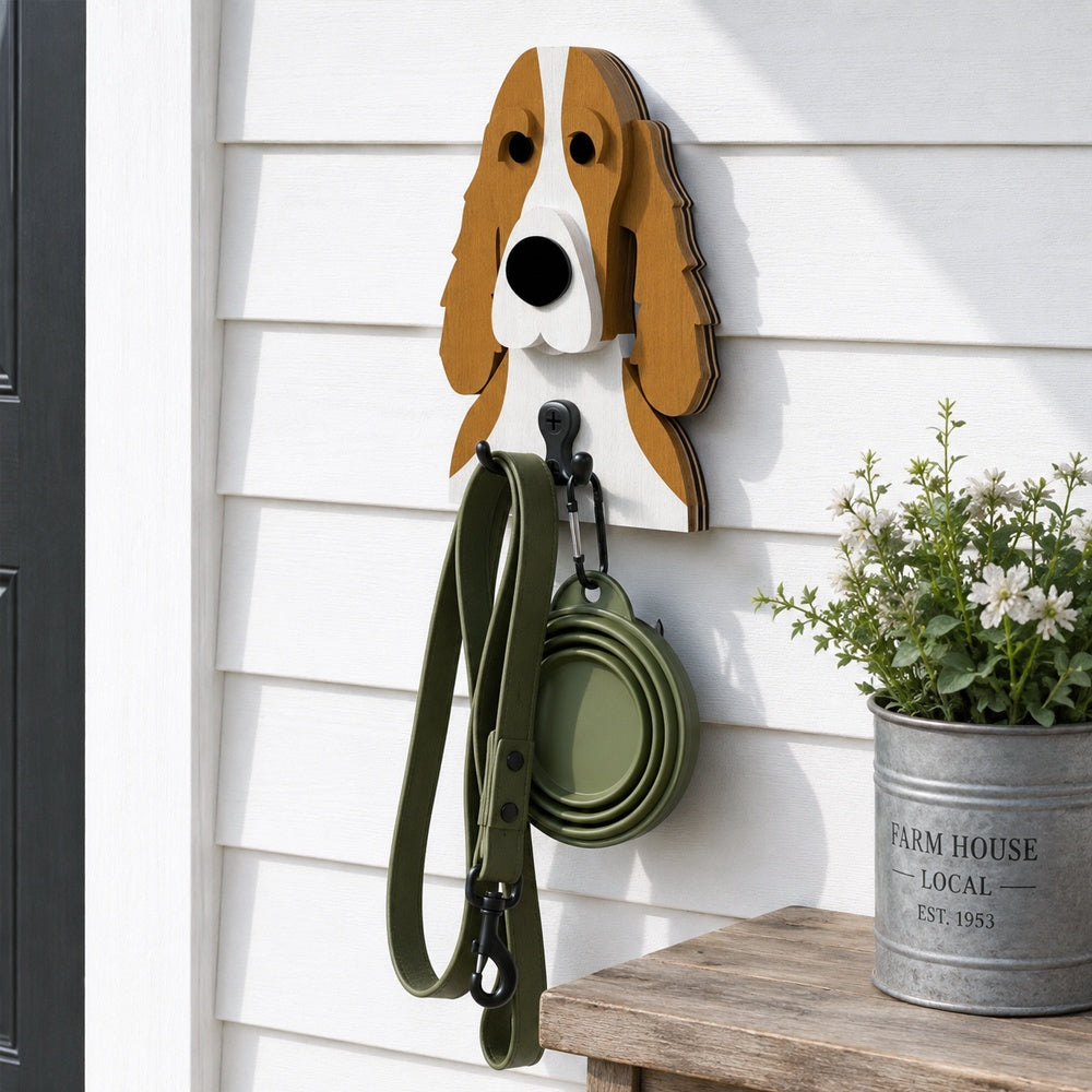 Wooden cocker spaniel dog wall hook key and leash holder for home entryway organizer