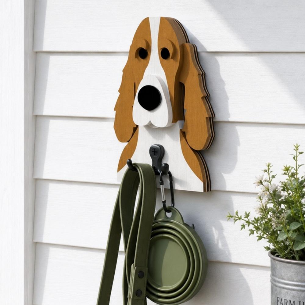 Wooden cocker spaniel dog wall hook key and leash holder for home entryway organizer