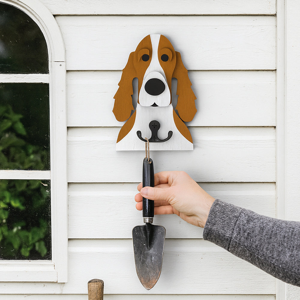 Wooden cocker spaniel dog wall hook key and leash holder for home entryway organizer