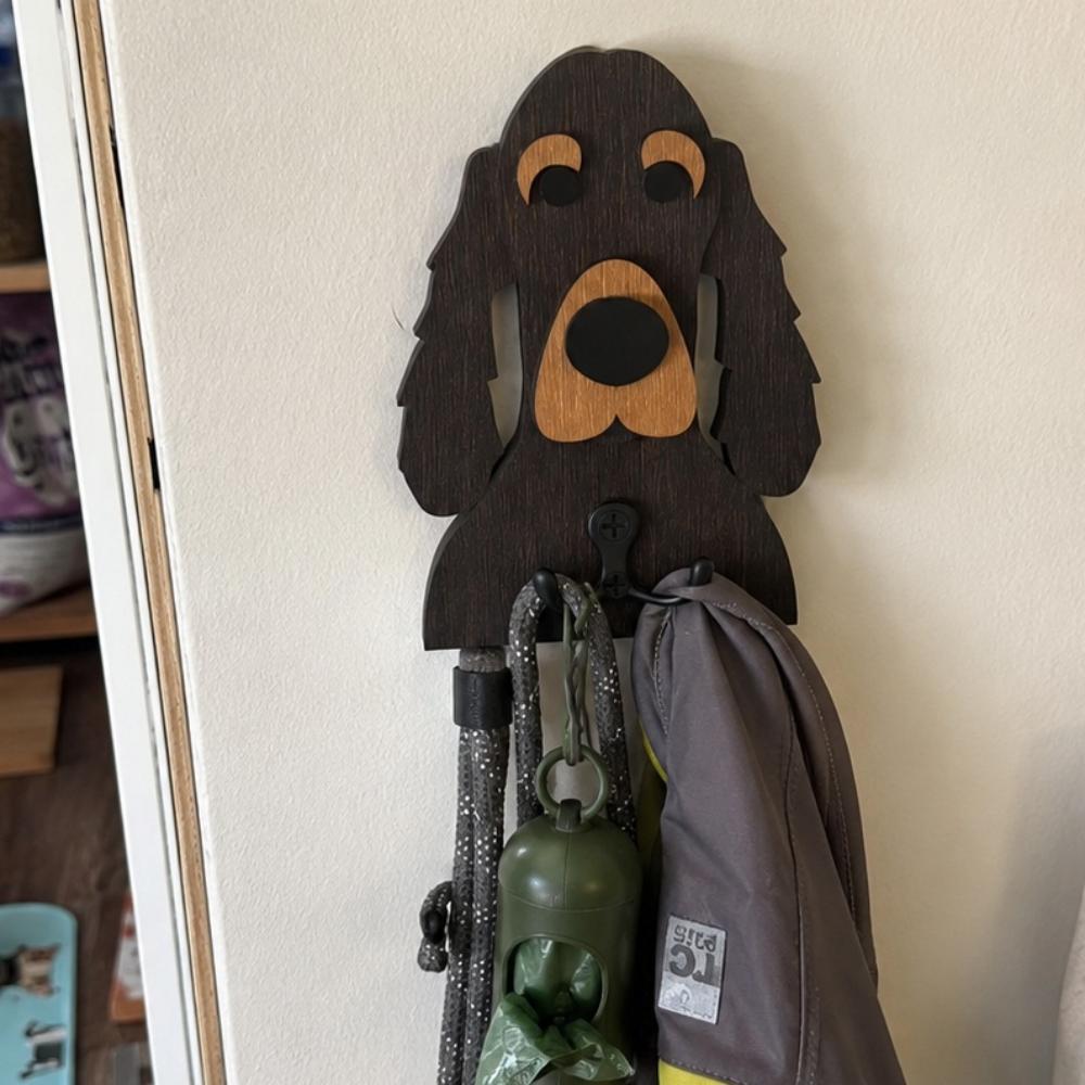 Wooden cocker spaniel dog wall hook key and leash holder for home entryway organizer