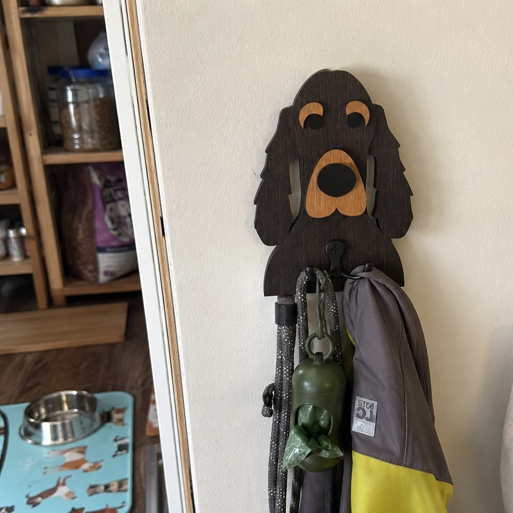 Wooden cocker spaniel dog wall hook key and leash holder for home entryway organizer