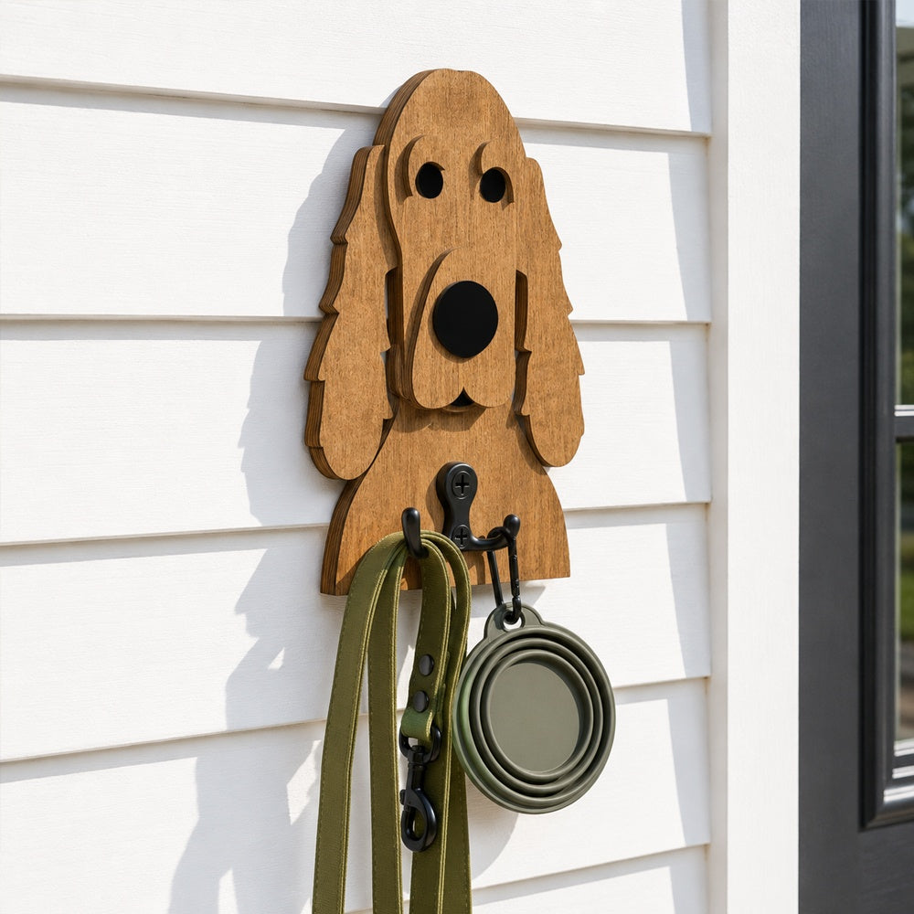 Wooden cocker spaniel dog wall hook key and leash holder for home entryway organizer