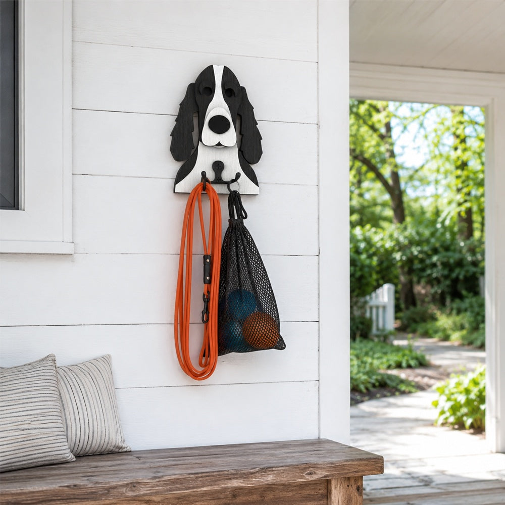 Wooden cocker spaniel dog wall hook key and leash holder for home entryway organizer